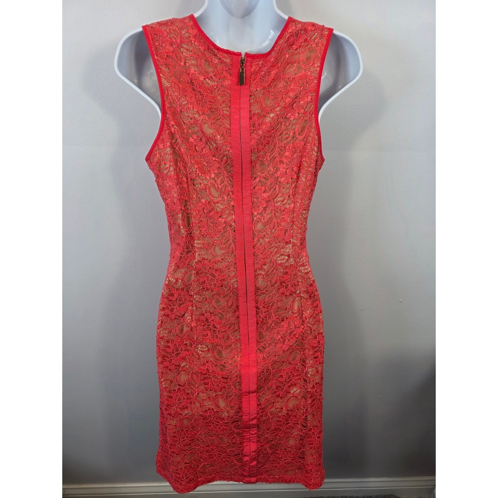 Vince Camuto Peach Floral Lace Ruched Sheath Dress Lined Sleeveless Size 12 /R29 - Picture 5 of 8